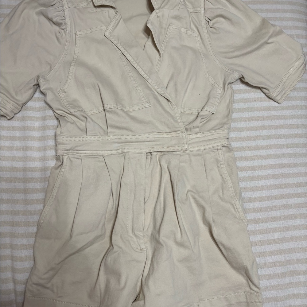 Beige Short Sleeve Denim Romper